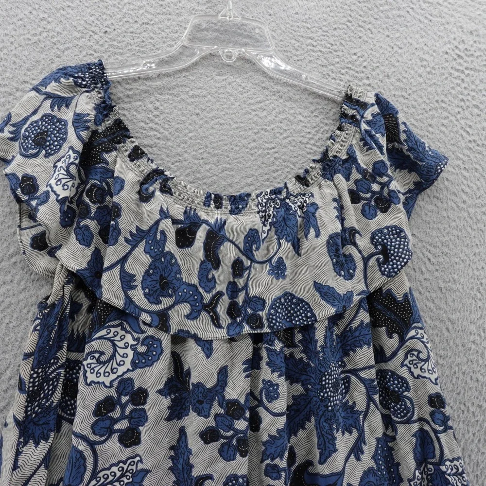 Michael Kors Blouse Size 2X Blue Floral Womens Ruffle‎ Off Shoulder Peasant Top